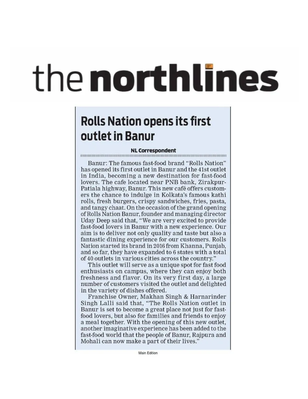 RN Banur Northlines News Paper Coverage press coverage